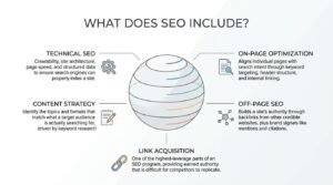 Educational infographic titled 'What Does SEO Include?' centered on a layered three-dimensional sphere wrapped in color-coded horizontal rings, breaking down search engine optimization into five components: technical SEO, content strategy, link acquisition, on-page optimization, and off-page SEO