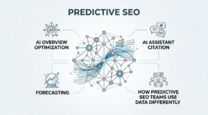 Infographic on predictive SEO, detailing AI overview optimization, AI assistant citation, forecasting, and how predictive SEO teams use data differently