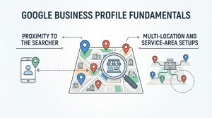 Infographic on Google Business Profile fundamentals, detailing proximity to the searcher and multi-location and service-area setups