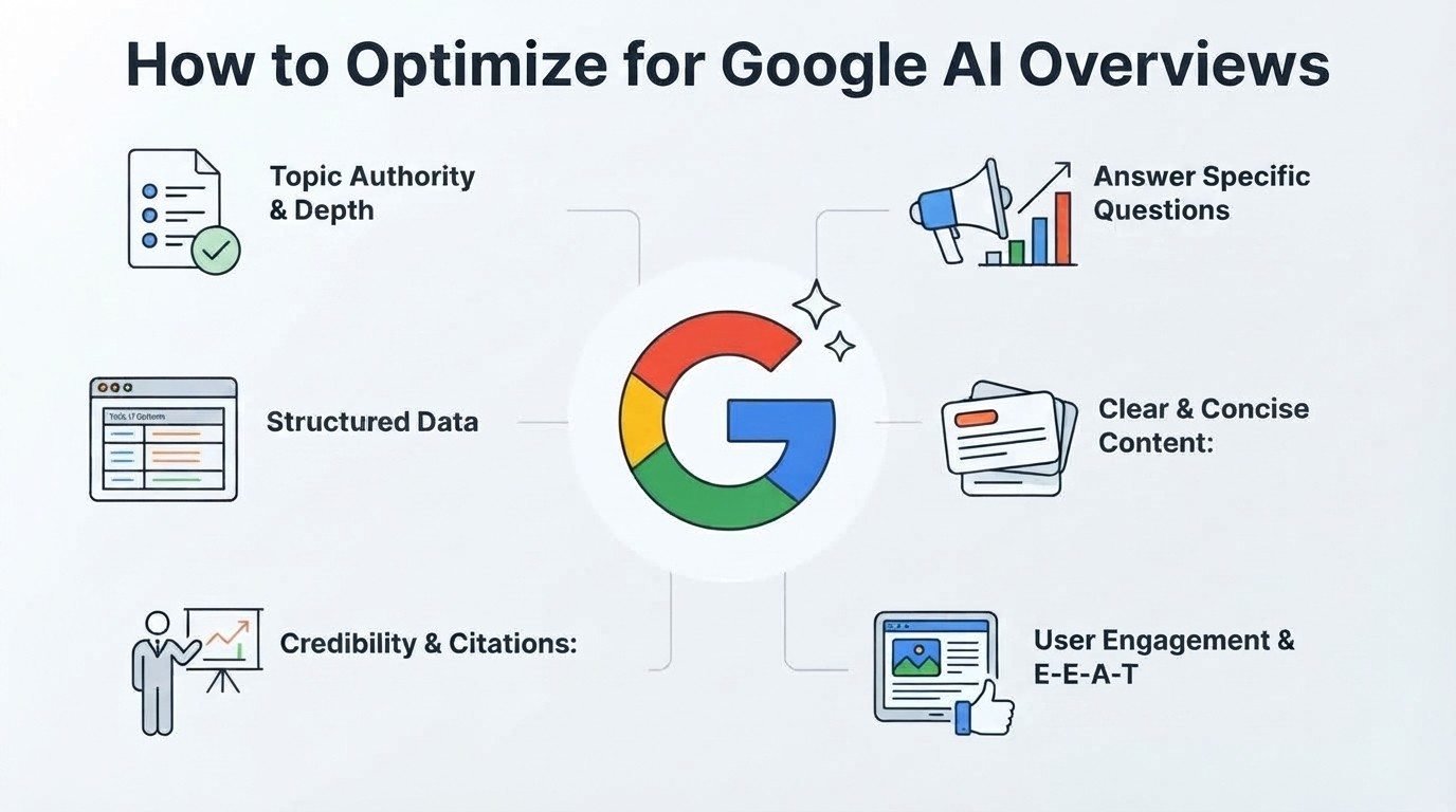 Infographic on how to optimize for Google AI Overviews, detailing topic authority and depth, structured data, credibility and citations, answer specific questions, clear and concise content, and user engagement and E-E-A-T