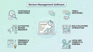Infographic titled 'Review Management Software' illustrating six core features: continuous monitoring, automated review requests, feedback and sentiment analysis, local SEO visibility and ranking, multi-platform syndication, and timely responses surrounding a central dashboard interface.