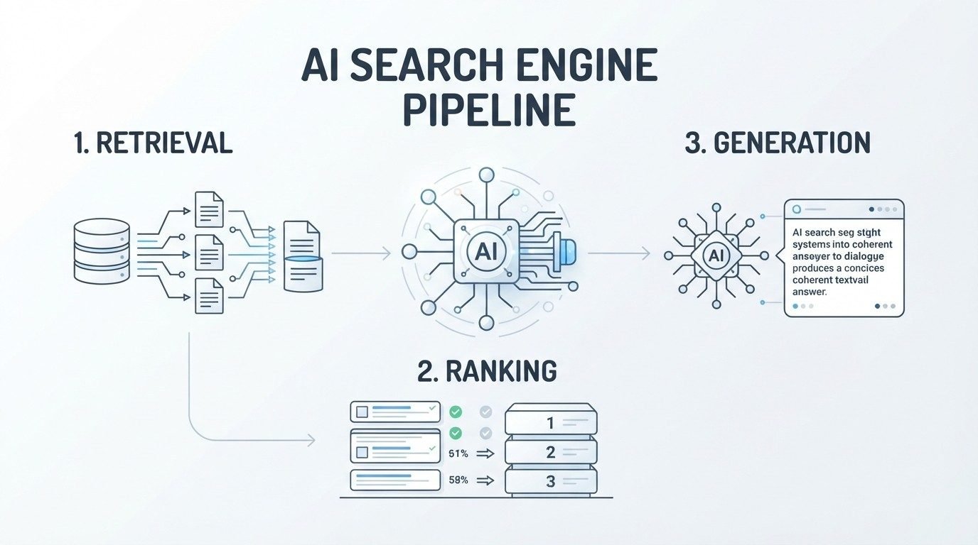 Infographic on AI search engine pipeline, detailing step 1 retrieval, step 2 ranking, and step 3 generation