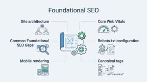 Infographic on foundational SEO, detailing site architecture, core web vitals, common foundational SEO gaps, robots.txt configuration, mobile rendering, and canonical tags