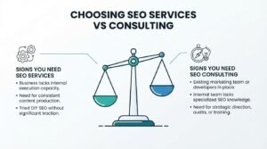 Decision balance scale infographic titled 'Choosing SEO Services vs Consulting' weighing indicators for full-service SEO execution on the left against criteria for strategic SEO consulting on the right