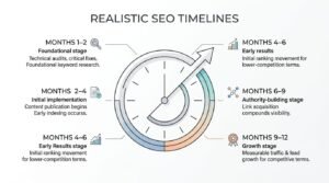 Educational infographic titled 'Realistic SEO Timelines' centered on a clock face with an ascending arrow breaking through the outer dial, detailing the 12-month organic search lifecycle across foundational setup, initial implementation, early results, authority building, and compounding growth