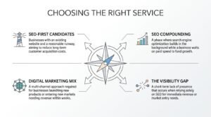 Strategic decision infographic titled 'Choosing the Right Service' centered around a multidirectional compass rose with outward arrows, contrasting SEO-first candidates and compounding organic growth against a multi-channel digital marketing mix and the visibility gap across four quadrants