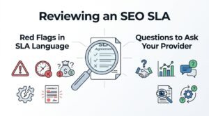 Infographic on reviewing an SEO SLA, covering red flags in SLA language and key questions to ask your provider