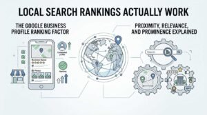 Infographic titled LOCAL SEARCH RANKINGS ACTUALLY WORK illustrating The Google Business Profile Ranking Factor on a smartphone and Proximity, Relevance, and Prominence Explained through interconnected gears around a global wireframe map pin hub."