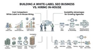 Infographic titled BUILDING A WHITE-LABEL SEO BUSINESS VS. HIRING IN-HOUSE comparing cost structures and scalability timelines between white-label partnerships and in-house hiring around a central agency leadership meeting hub.