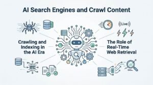 Infographic on AI search engines and crawl content, detailing crawling and indexing in the AI era and the role of real-time web retrieval.