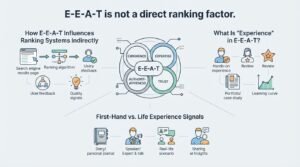 B2B technical educational infographic titled 'E-E-A-T is not a direct ranking factor' detailing how E-E-A-T indirectly influences ranking systems, defining 'Experience' in E-E-A-T, and contrasting first-hand versus life experience signals around a central four-quadrant Venn diagram core for Experience, Expertise, Authoritativeness, and Trust