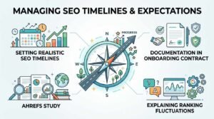 Infographic titled Managing SEO Timelines & Expectations illustrating realistic timeline setting, onboarding documentation, industry research data, and explaining ranking fluctuations.