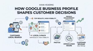 Infographic titled MAIN HEADING HOW GOOGLE BUSINESS PROFILE SHAPES CUSTOMER DECISIONS tracing a customer journey from Customer Local Search into the Local 3-Pack and Profile Engagement (Website Skip), branching into Photos, Open/Closed Hours, and Customer Reviews with star ratings.