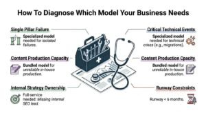 Educational diagnostic infographic titled 'How To Diagnose Which Model Your Business Needs' centered on a toolbox with tools and a medical stethoscope resting over analytical data reports, outlining six decision criteria: Single Pillar Failure, Critical Technical Events, Content Production Capacity, Internal Strategy Ownership, and Runway Constraints
