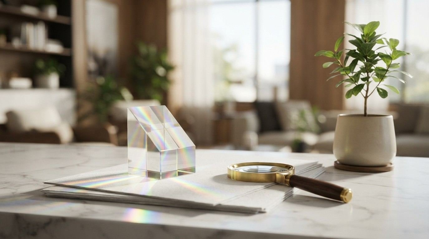 Clear optical glass prism casting rainbow spectral light flares across white paper sheets beside a brass magnifying glass on a marble table
