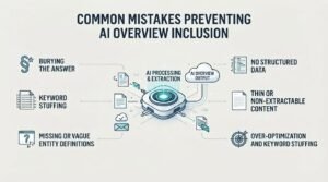 Infographic on common mistakes preventing AI overview inclusion, detailing burying the answer, keyword stuffing, missing or vague entity definitions, no structured data, thin or non-extractable content, and over-optimization and keyword stuffing.