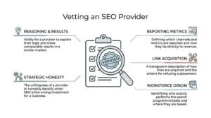 Educational infographic titled 'Vetting an SEO Provider' centered on a verified clipboard checklist inspected with a magnifying glass, outlining five core agency evaluation criteria: reasoning and results, strategic honesty, reporting metrics, link acquisition transparency, and workforce origin