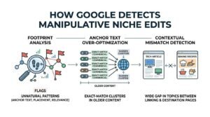 Infographic titled HOW GOOGLE DETECTS MANIPULATIVE NICHE EDITS illustrating a three-stage detection workflow: 1. Footprint Analysis (magnifying glass inspecting footprints across a flagged node network, flagging unnatural patterns in anchor text, placement, and relevance), 2. Anchor Text Over-Optimization (exact-match commercial links creating sudden clusters on older content pointing to a central web globe), and 3. Contextual Mismatch Detection (a Tech Article pointing across a severed X connector to an unrelated Baking Recipes page, showing a wide gap in topics between linking and destination pages).
