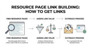 Infographic titled RESOURCE PAGE LINK BUILDING: HOW TO GET LINKS outlining a three-stage sequential workflow: 1. Find Resource Pages (curated pages that exist to collect useful links for an audience), 2. Assess Link Value (analyze ranking factors that determine link value), and 3. Outreach Process (turn a prospect list into real placements).