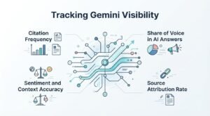 Infographic on tracking Gemini visibility, detailing citation frequency, sentiment and context accuracy, share of voice in AI answers, and source attribution rate.
