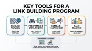 Infographic titled KEY TOOLS FOR A LINK BUILDING PROGRAM detailing four main tool categories: Backlink Analysis (audit link profiles), Prospecting & Email Finding (find verified contacts), Outreach Management (track email sequences), and Rank Tracking (measure ranking movement), along with a Beginner's Option recommending starting simpler with one backlink tool and a spreadsheet before investing in dedicated software.