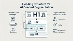 Infographic on heading structure for AI content segmentation, detailing question-based headings, searches, target questions, logical heading hierarchy (H1-H4), organization, clarity, and progressive disclosure.