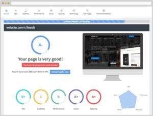 SEOptimer website audit results report displaying an overall 'A-' grade, a desktop preview mockup of the audited site, individual category rating dials, and a radar performance chart.
