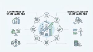 nfographic titled ADVANTAGES OF WHITE LABEL SEO vs DISADVANTAGES OF WHITE LABEL SEO surrounding a central agency growth cycle with operational benefits and business trade-offs.