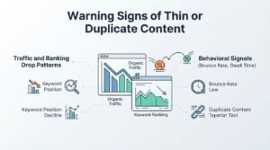 Infographic titled 'Warning Signs of Thin or Duplicate Content' illustrating traffic and ranking drop patterns on the left-covering keyword position changes and keyword position declines-and behavioral signals on the right-covering bounce rates, dwell times, and duplicate or repeated text-surrounding a central organic traffic graph and keyword ranking display.