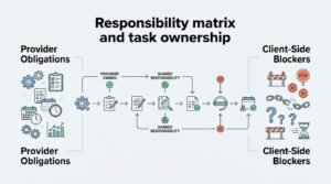 Infographic illustrating a responsibility matrix and task ownership in SEO partnerships, detailing provider obligations, shared responsibilities, and client-side blockers