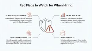 Educational risk-management infographic titled 'Red Flags to Watch for When Hiring' centered on a security shield paired with a red warning hazard sign, outlining four vendor disqualifiers: guaranteed rankings, obscure methodology, vague reporting, and hidden results