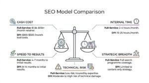 Educational comparison infographic titled 'SEO Model Comparison' centered on a mechanical balance scale weighing Full-Service SEO against DIY SEO across five key benchmarks: cash cost, internal time commitment, speed to results, technical risk, and strategic breadth