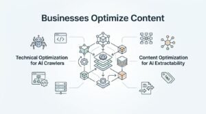 Infographic on businesses optimize content, detailing technical optimization for AI crawlers and content optimization for AI extractability.