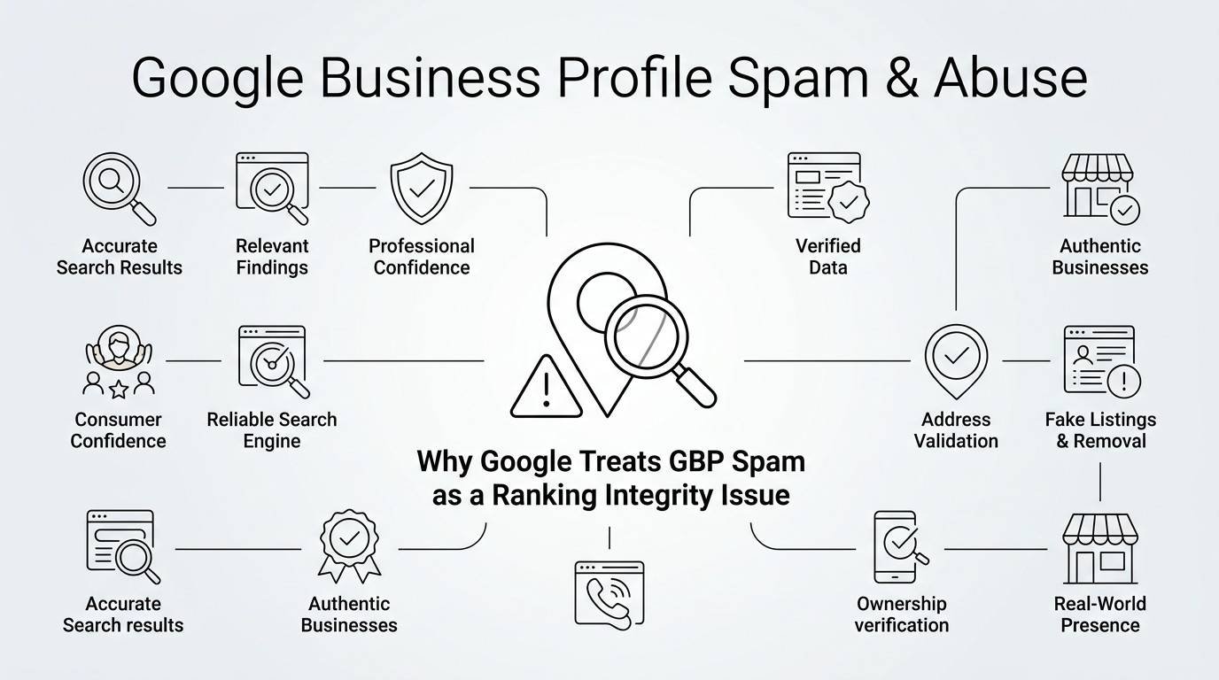 Infographic on Google Business Profile spam and abuse, detailing why Google treats GBP spam as a ranking integrity issue, accurate search results, relevant findings, professional confidence, consumer confidence, reliable search engine, verified data, authentic businesses, address validation, fake listings and removal, ownership verification, and real-world presence.