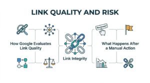Infographic on link quality and risk, illustrating how Google evaluates link quality, the importance of link integrity, and what happens after a manual action