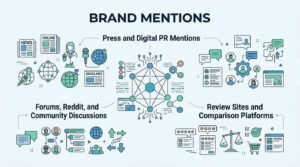 Infographic on brand mentions, detailing press and digital PR mentions, forums, Reddit, and community discussions, and review sites and comparison platforms.