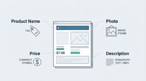 Infographic layout design detailing product catalog components, including product name with a tag, photo with an image frame, price with a currency symbol, and description with paragraph text lines.