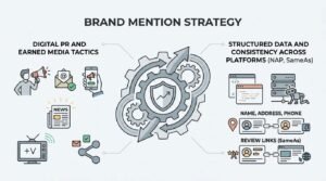 Infographic on brand mention strategy, detailing digital PR and earned media tactics, and structured data and consistency across platforms including NAP and SameAs.