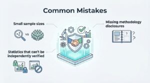 Infographic on common mistakes, detailing small sample sizes, missing methodology disclosures, and statistics that can't be independently verified.