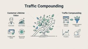 B2B educational infographic titled 'Traffic Compounding' illustrating customer lifetime value and traffic compounding dynamics around a central growing tree integrated into an upward growth arrow