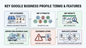 Infographic titled KEY GOOGLE BUSINESS PROFILE TERMS & FEATURES displaying six operational concepts in two rows: GBP Categories (Primary & Secondary Industry), GBP Attributes (Descriptive Tags), GBP Insights (Built-In Analytics), Service Area Business or SAB (Travels to Customers), Suspended Listing (Removed for Violations), and Duplicate Listings (Splits Reviews & Confuses Algorithm).
