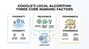 Infographic titled GOOGLE’S LOCAL ALGORITHM: THREE CORE RANKING FACTORS detailing Proximity, Relevance, and Prominence, each defined with specific local signals and converging into a central mobile Local Pack interface.