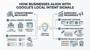 Infographic titled HOW BUSINESSES ALIGN WITH GOOGLE'S LOCAL INTENT SIGNALS illustrating two core strategic paths: STRENGTHENING RELEVANCE through locally specific content and customer reviews, and IMPROVING PROMINENCE via consistent citations, authoritative backlinks, and review volume & quality, converging around a central Google lightbulb pin.