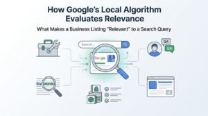 Infographic titled How Google’s Local Algorithm Evaluates Relevance: What Makes a Business Listing 'Relevant' to a Search Query, illustrating core signals including services, keywords, categorized products, Q&A interactions, and on-page website alignment surrounding a central Google search listing inspected by a magnifying glass.