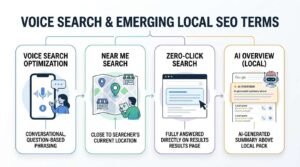 Infographic titled VOICE SEARCH & EMERGING LOCAL SEO TERMS displaying four sequential stages: Voice Search Optimization (conversational, question-based phrasing), Near Me Search (close to searcher's current location), Zero-Click Search (fully answered directly on results page), and AI Overview (Local) showing an AI-generated summary above the traditional local pack.
