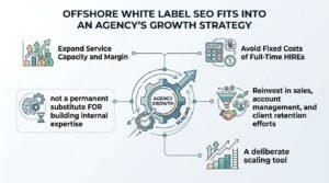 Infographic titled OFFSHORE WHITE LABEL SEO FITS INTO AN AGENCY'S GROWTH STRATEGY detailing margin expansion, avoiding fixed overhead, strategic reinvestment, scaling tools, and maintaining internal expertise around a central agency growth cog.