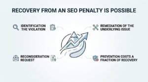 Infographic on steps for recovery from an SEO penalty, showing identification of the violation, remediation of the underlying issue, submitting a reconsideration request, and prevention costs