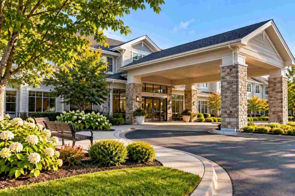 Sunny senior living community entrance featuring a spacious covered driveway, stone columns, landscaped gardens, flowering shrubs, and accessible outdoor seating in a welcoming residential setting.
