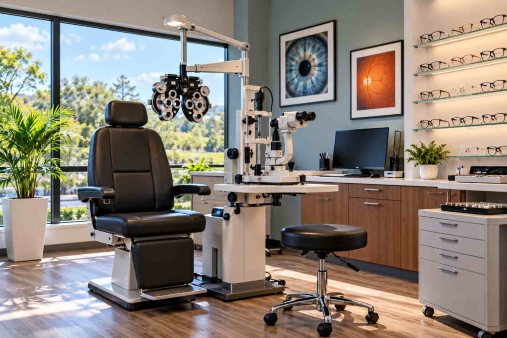 Modern optometry clinic featuring an adjustable examination chair, phoropter, slit lamp, eye examination equipment, and eyeglass display shelves in a bright, professional setting.