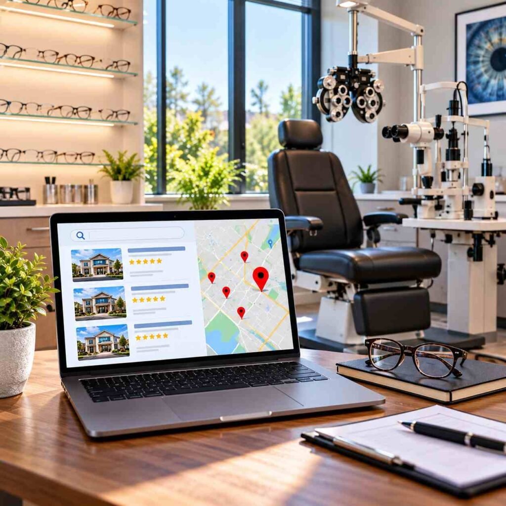 Laptop displaying local search listings, star ratings, and map locations inside a modern optometry clinic with eye examination equipment and eyeglass displays, illustrating local SEO strategies for optometrists.